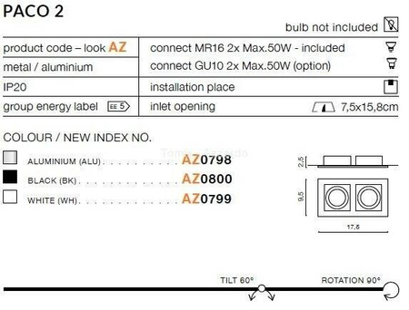 Lampa wpuszczana PACO 2 aluminium (AZ0798 | GM2201-ALU) - AZZARDO