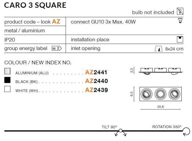 Lampa wpuszczana CARO 3 SQUARE black (AZ2440 | SN-6813S-BK) - AZZARDO