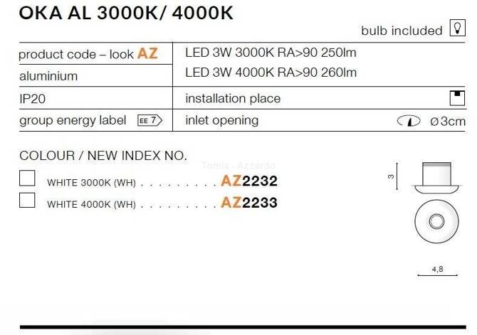 Lampa wpuszczana OKA AL 3000K white (AZ2232 | SHAL-3W3000-WH) - AZZARDO