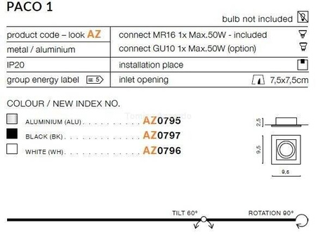 Lampa wpuszczana PACO 1 aluminium (AZ0795 | GM2103-ALU) - AZZARDO