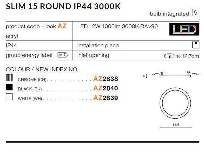 Lampa wpuszczana SLIM 15 ROUND IP44 3000k black (AZ2840) - AZZARDO