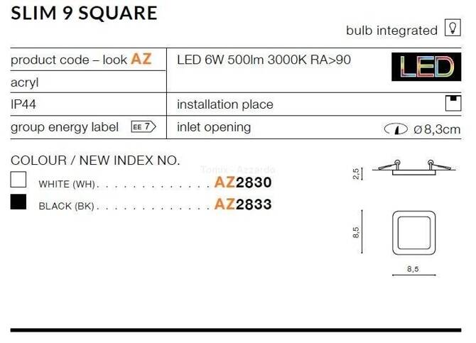 Lampa wpuszczana SLIM 9 SQUARE white (AZ2830) - AZZARDO