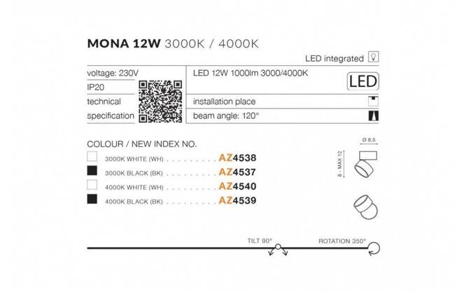 Oprawa natynkowa MONA 12W 3000K BK (AZ4537) - Azzardo