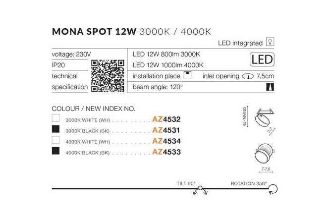 Oprawa wpuszczana MONA SPOT 12W 3000K BK (AZ4531) - Azzardo